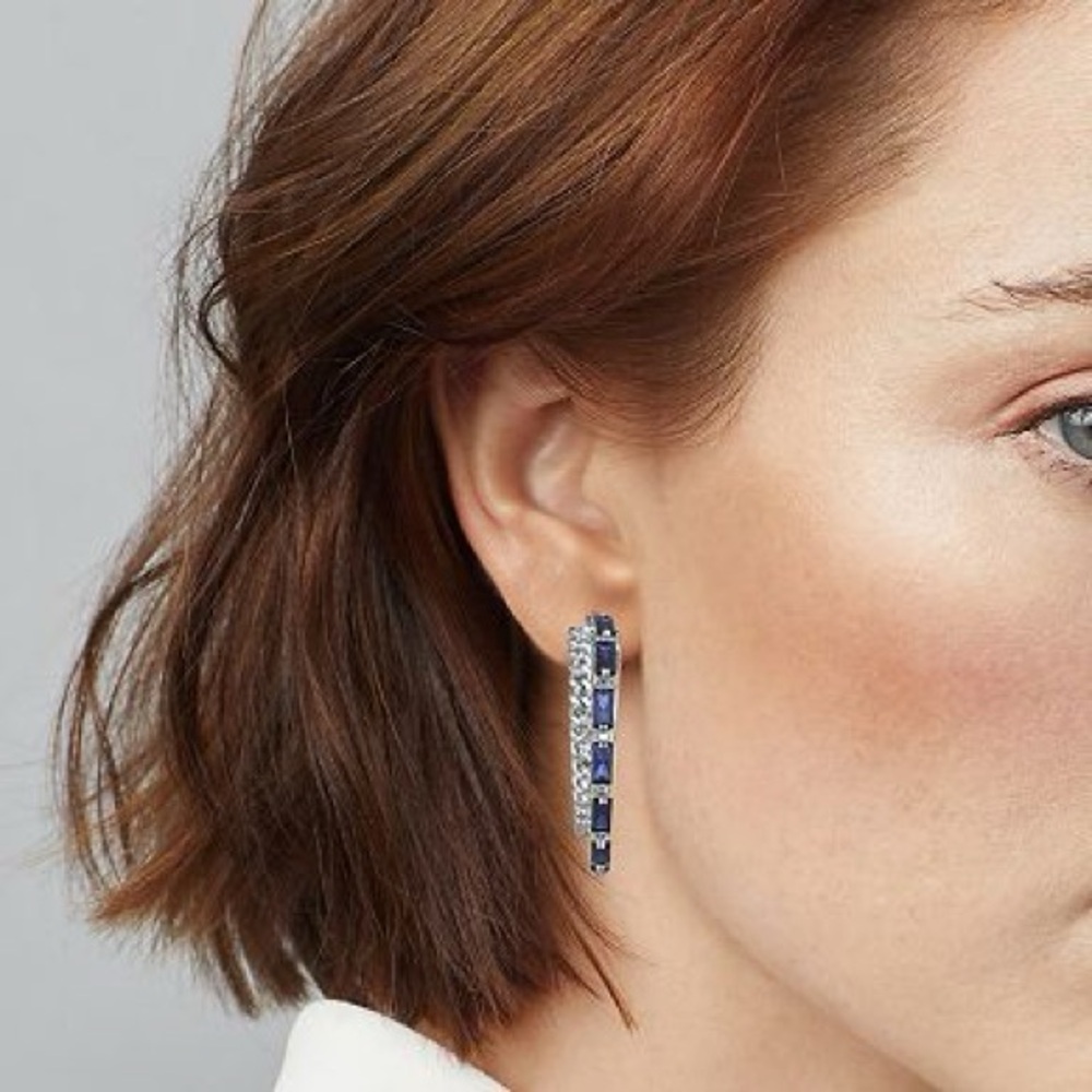 Double Hoop Blue Baguette Stone Earrings Twisted Rope Latch Back - Picture 2 of 3